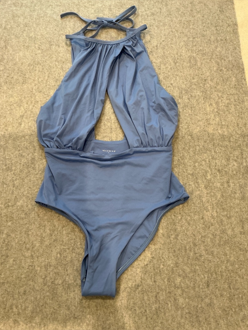 BONDI BORN Dusty Blue Halter One-Piece Swimsuit